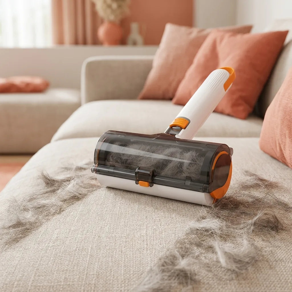 FurLift Roller collecting pet hair from a light-coloured sofa.