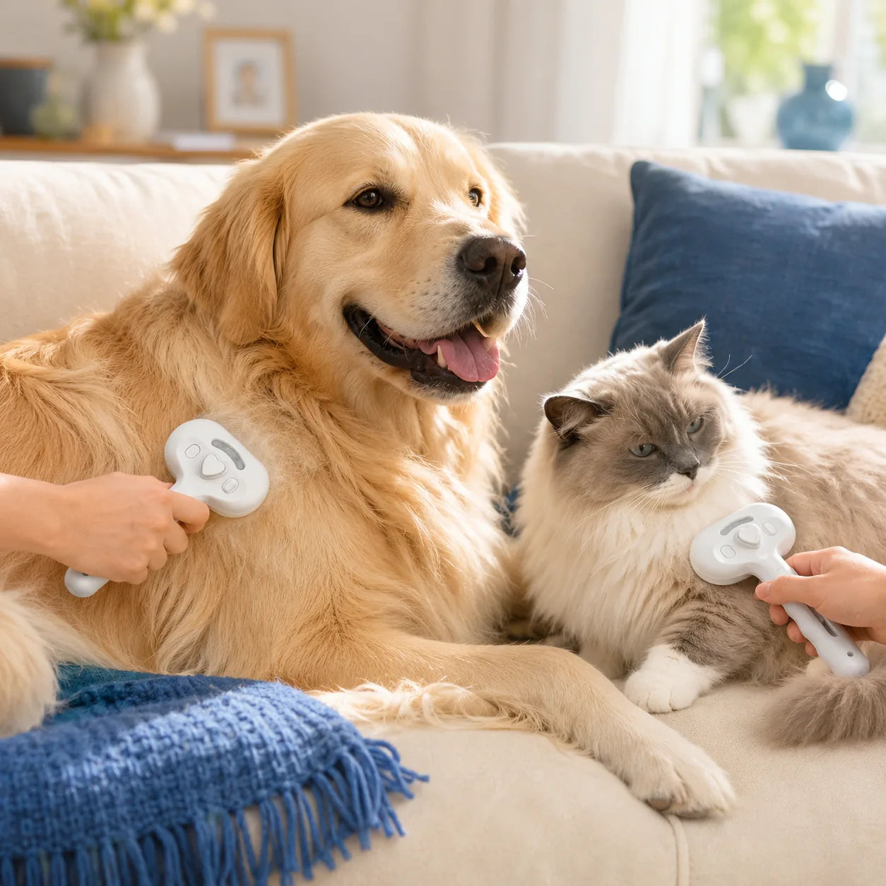 MistGroom Brush being used on a golden retriever and a long-haired cat.