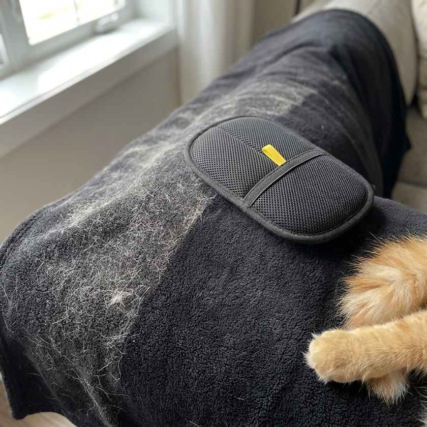 FurSweep Mitt cleaning pet hair from a dark blanket
