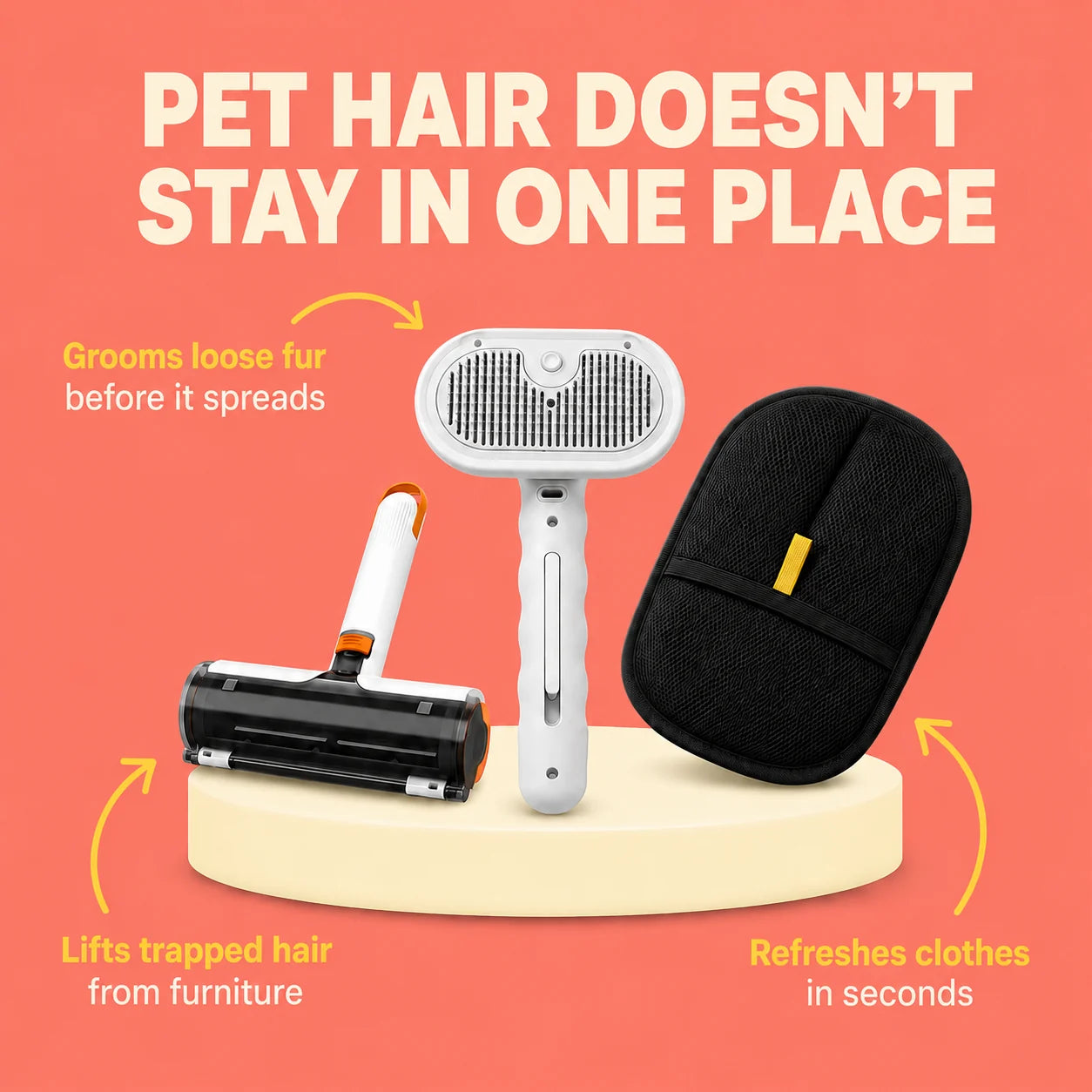 Diagram showing the MistGroom Brush grooming loose fur before it spreads, the FurLift Roller lifting trapped hair from furniture, and the FurSweep Mitt refreshing clothes in seconds.