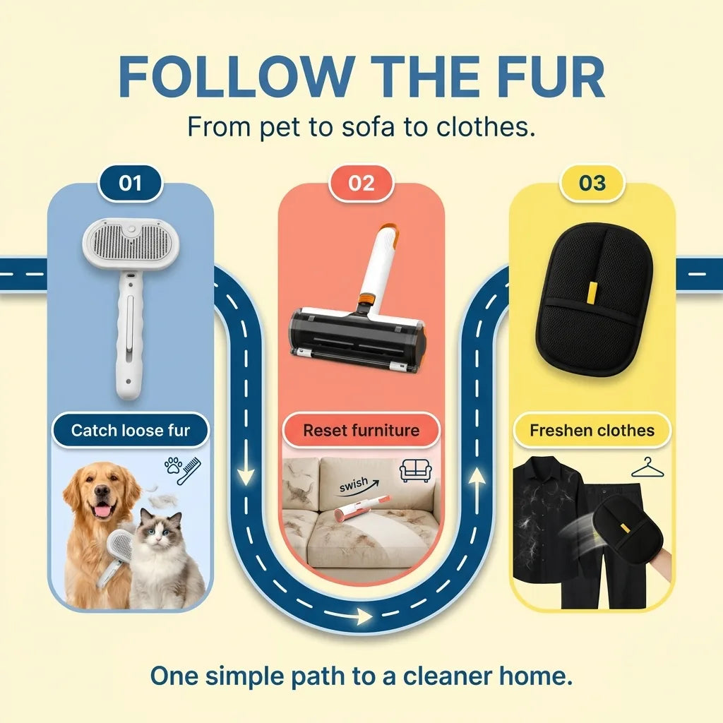 Three-step Fur-Free Home Kit path: catch loose fur from pets with MistGroom, reset furniture with FurLift, and freshen clothes with FurSweep.