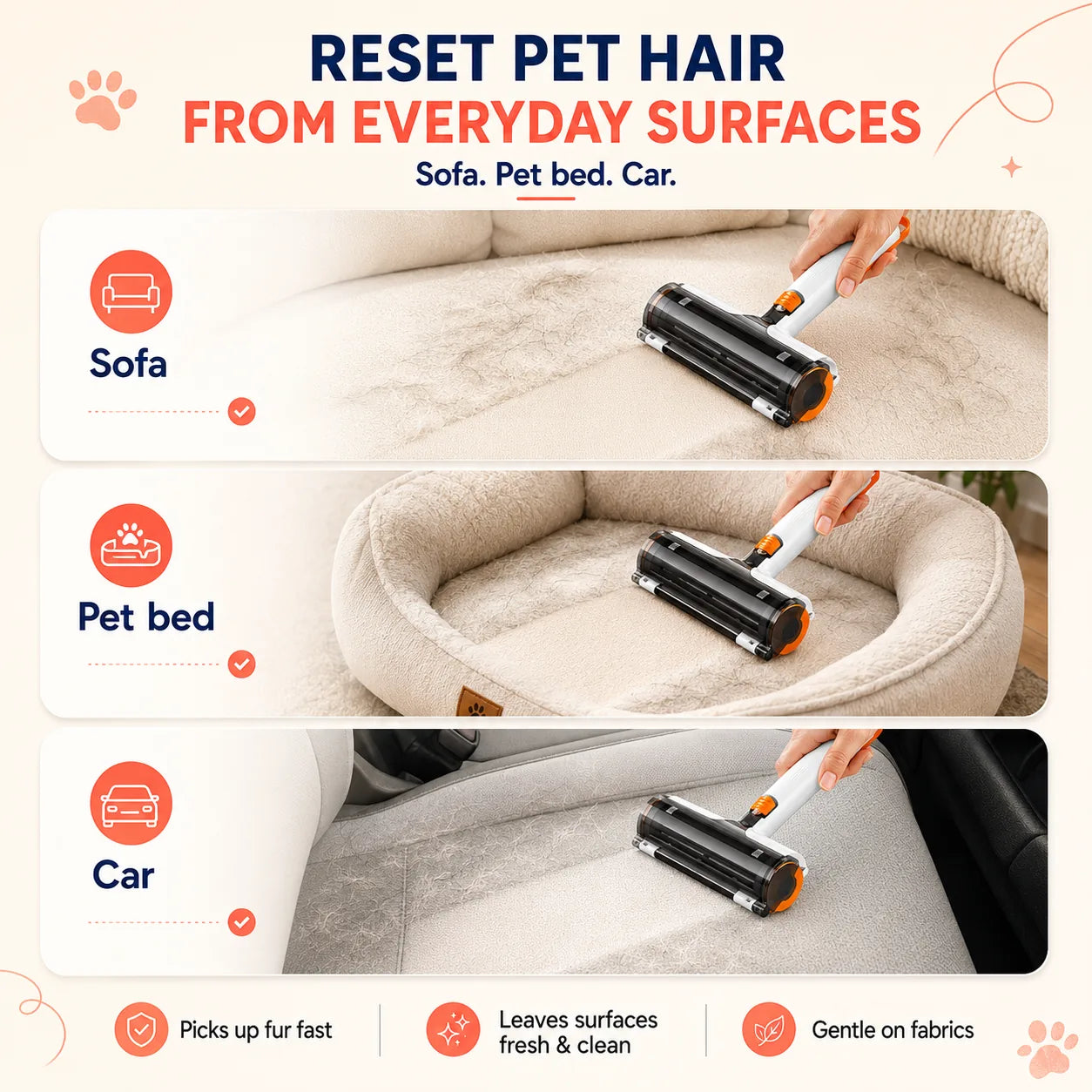 FurLift Roller shown with the fabric surfaces where pet hair commonly builds up.
