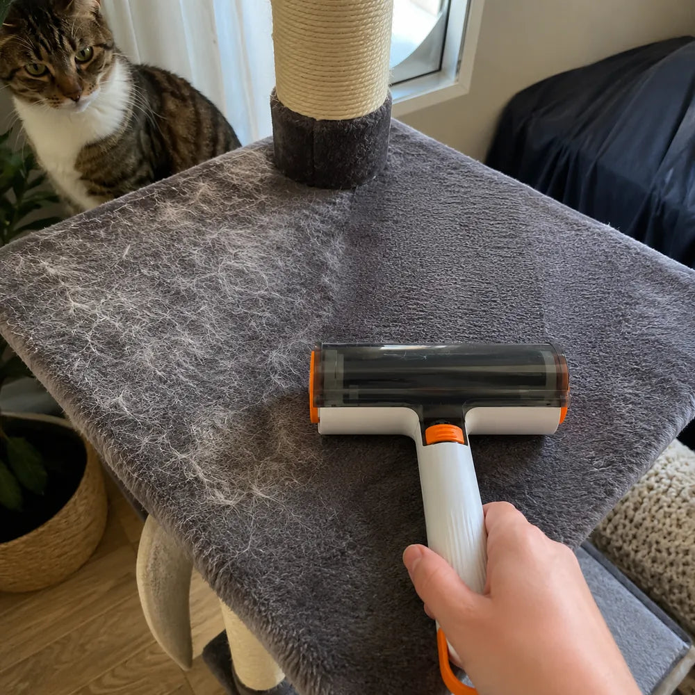 FurLift Roller customer result on a fur-covered cat tree.