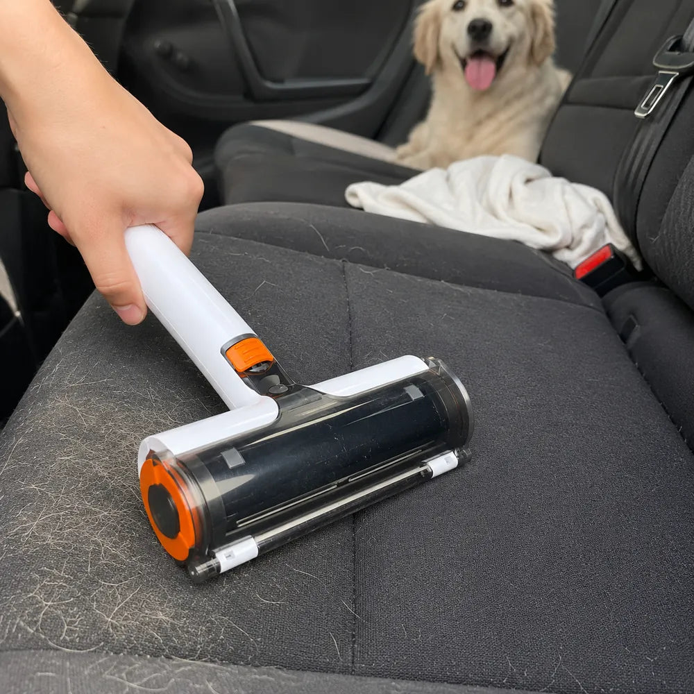 FurLift Roller customer result on a car seat after travelling with a dog.