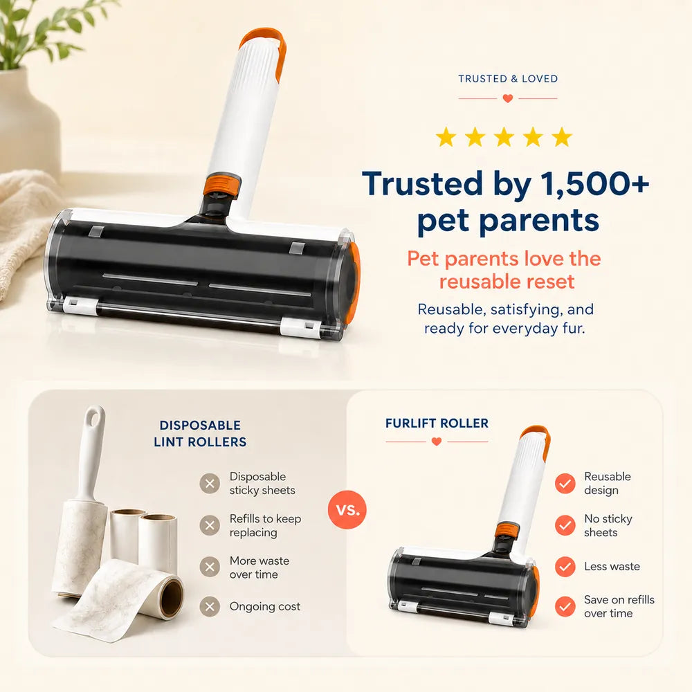 Customer proof showing the FurLift Roller collecting pet hair from a fabric surface.