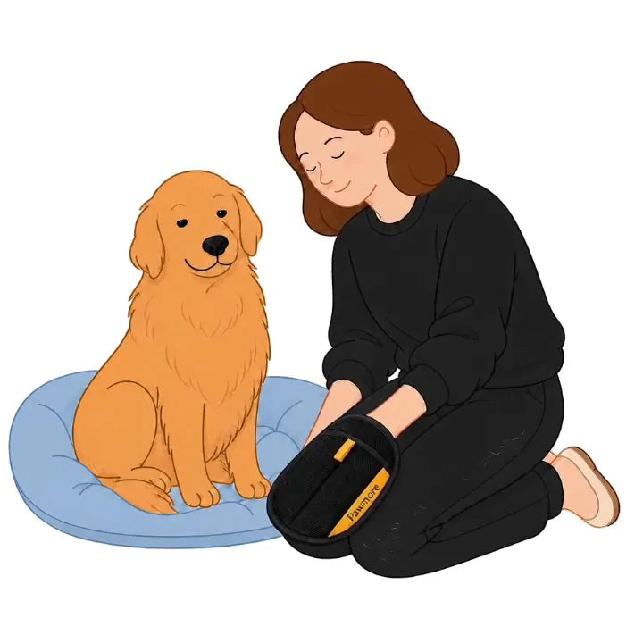 Animated FurSweep Mitt demonstration beside a golden retriever.