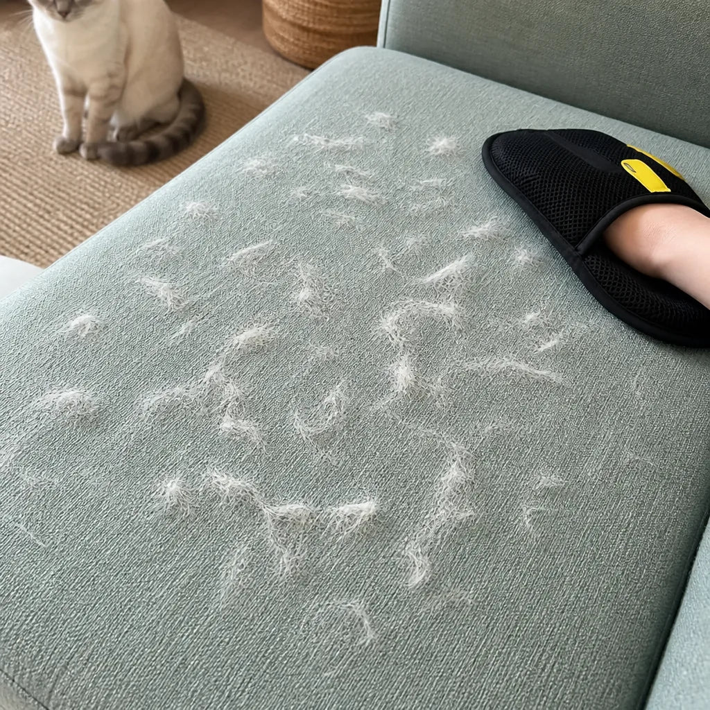 Pet hair on black fabric before using FurSweep Mitt.