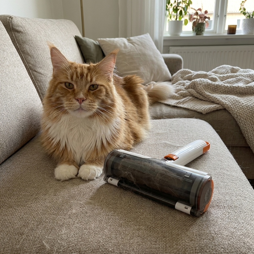 Customer proof showing pet hair cleanup on fabric