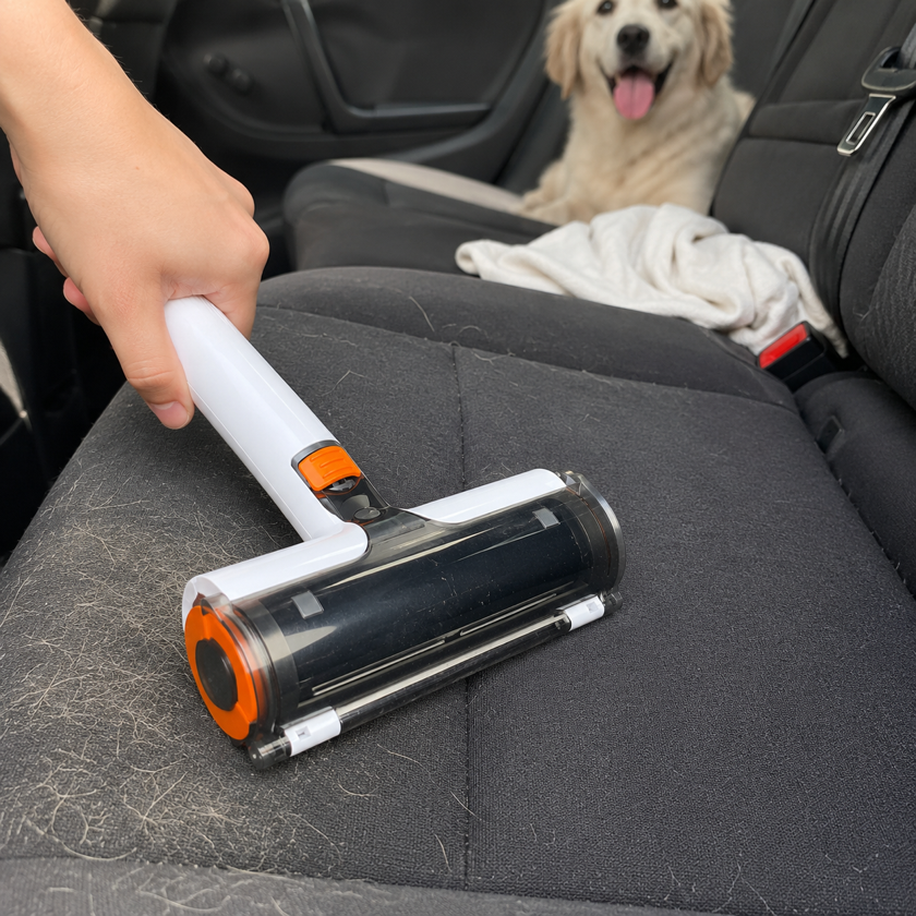 Pet hair cleanup on a car seat