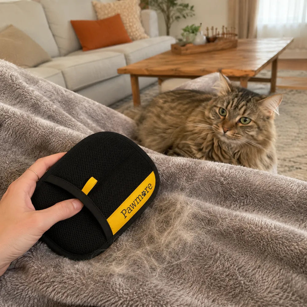 Customer proof showing FurSweep Mitt with cat hair gathered from a blanket.