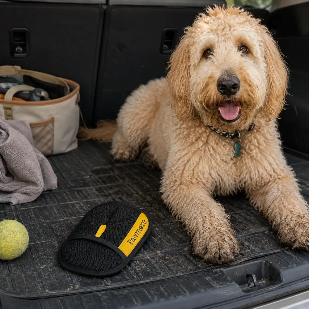 Customer proof showing FurSweep Mitt cleaning dog hair from a car cargo mat.