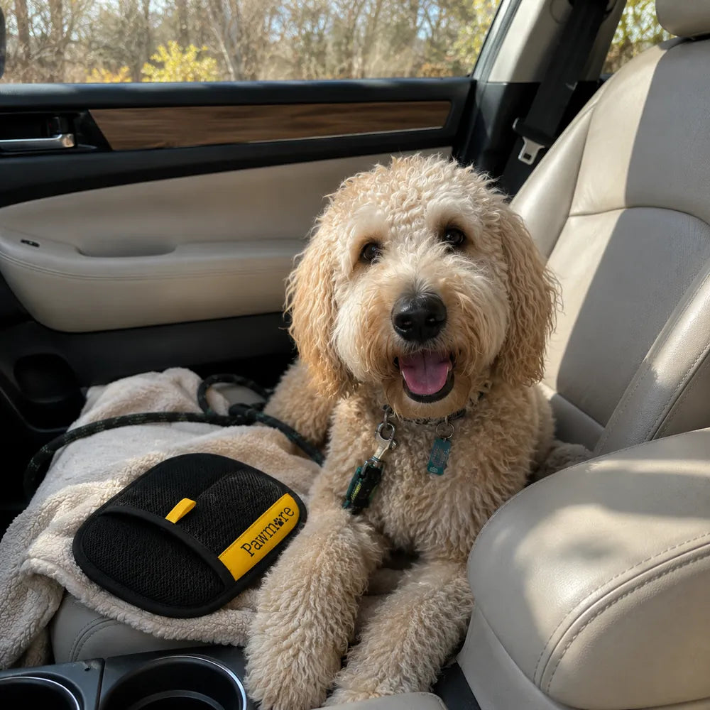 Customer proof showing FurSweep Mitt cleaning a dog car seat.