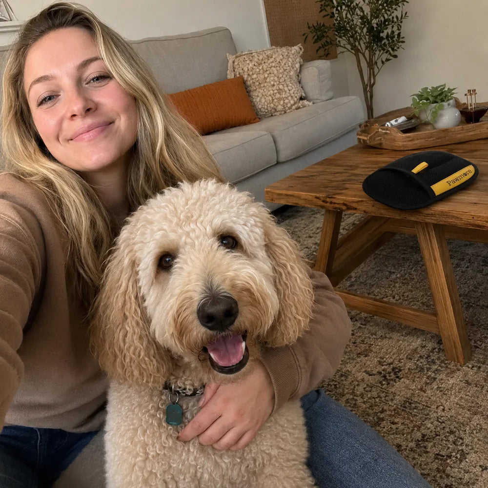 Customer proof showing a pet parent with FurSweep Mitt and a dog on the couch.