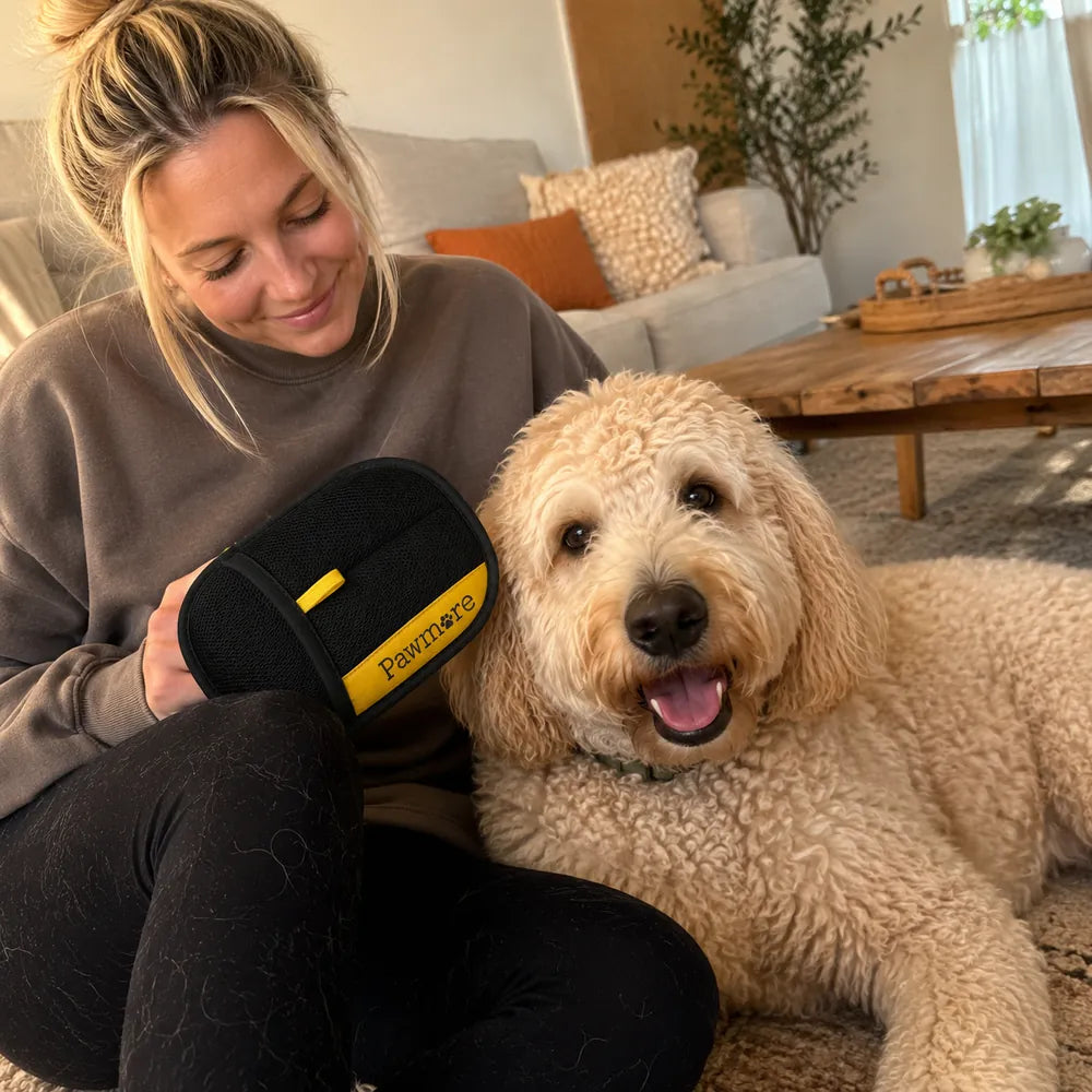 Customer proof showing FurSweep Mitt near dog hair on a pet parent's lap.